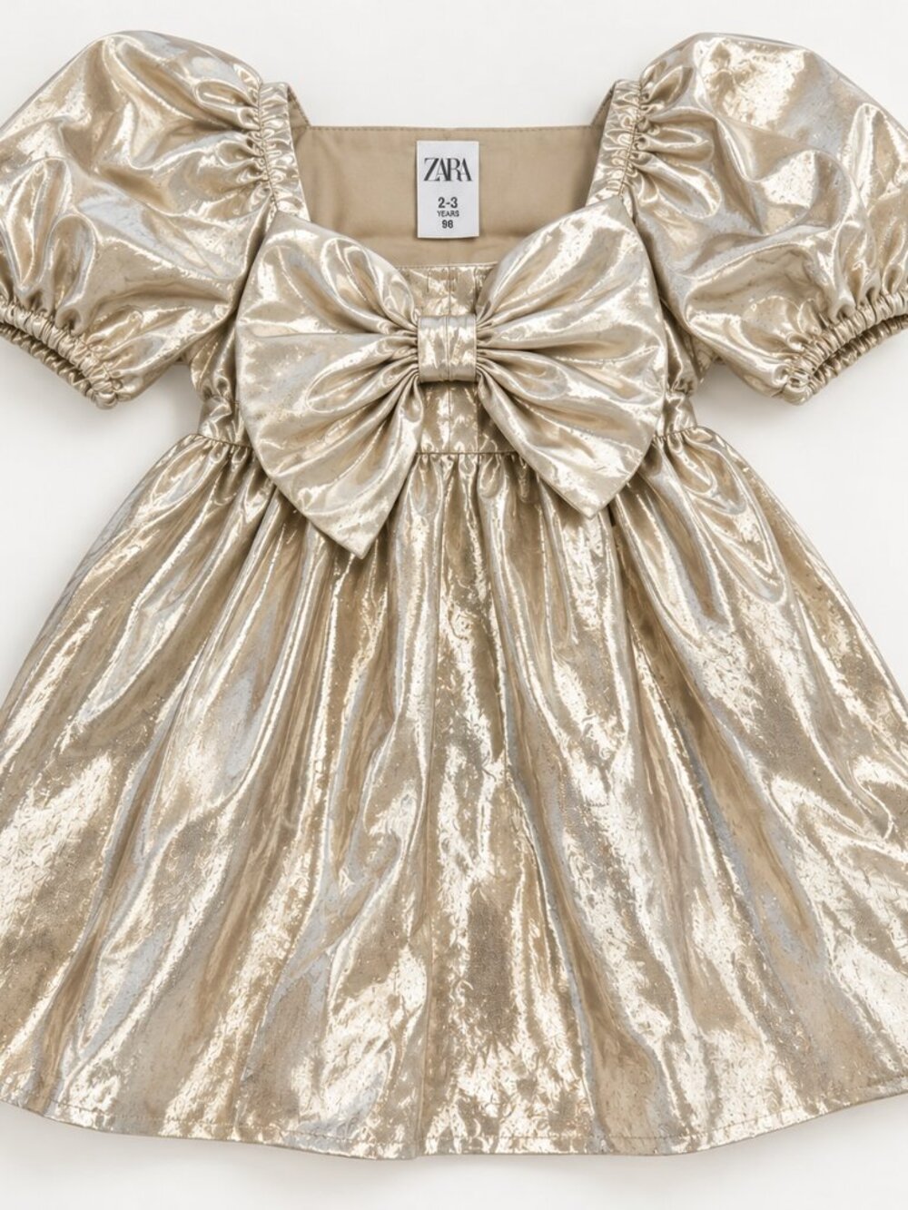 Zara Kids Metallic Gold Party Dress Oversized Bow Puff Sleeve 2-3Y